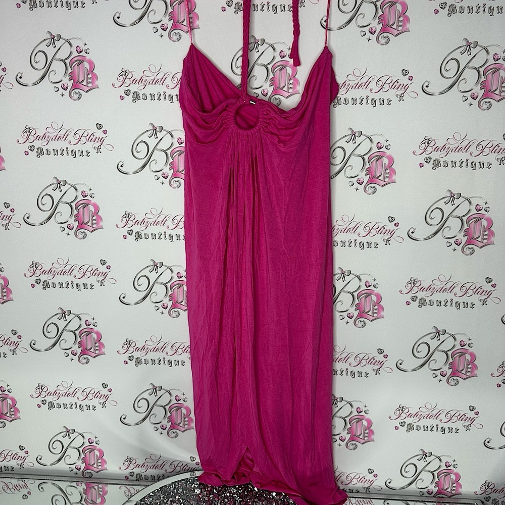 BCBGMAXAZRIA dress halter beaded Oring sexy pink stretchy soft summer beach